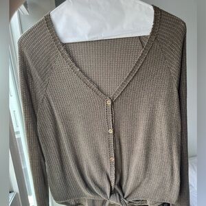 Large Juniors Army Green Long Sleeve Button Up Tie Front Top